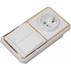 Блок БКВР 032 золотая рамка 2 клавишный выключатель + розетка с заземлением  3/18шт. 
