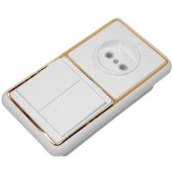 Блок БКВР 038 золотая рамка 2 клавишный выключатель + розетка без заземления  3/18шт. 